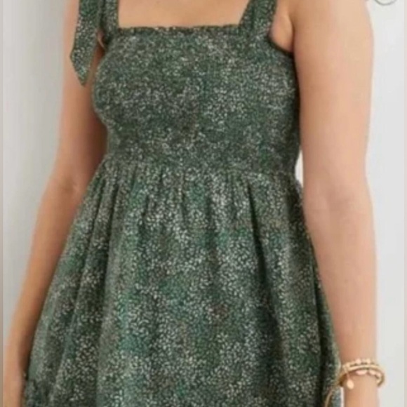 Aerie|Smocked Olive Green Sleeveless babydoll dress with bows on sleeve,Medium• - Picture 3 of 15